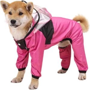 Dog Raincoat Waterproof Dog Coat Jacket Dog Raincoats Waterproof with Legs Small with Hood 4 Legged Pet Waterproof Transparent PU Brim (XS,Pink)