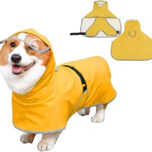 Dog Raincoat with Belly Strap and Leash Hole Adjustable Hood Slicker Reflective Strip Waterproof Lightweight Poncho Jacket with Storage Bag