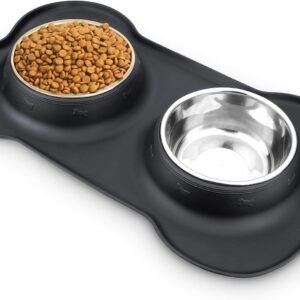 Dog Food Bowls Stainless Steel & Water Dish with No-Spill and Non-Skid, Feeder Bowls with Dog Food Dish for Small Medium Large Size,Dogs,Cats,Puppy Pets, Black, 12oz
