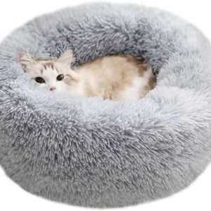 Modern Soft Plush Round Pet Bed for Cats or Small Dogs, Mini Medium Sized Dog Cat Bed Self Warming Autumn Winter Indoor Snooze Sleeping Cozy Kitty Teddy Kennel (S(19.7”Dx7.9 H, Light Grey)