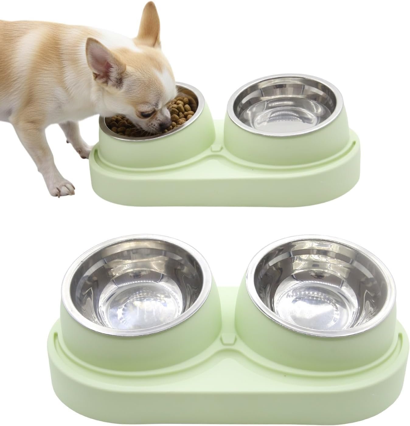 Non-Slip Tilted Double Dog & Cat Bowl with Removable Inserts, Anti-Tip Dual Food and Water Feeder for Small Dogs and Cats, Easy to Clean (Pastel Green)