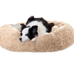 BROOKLYN Calming Donut Dog Bed (60cm-100cm) - Anti-Anxiety, Machine Washable, Ultra Soft, Faux Fur Pet Bed – Made For Small, Medium, Large and XL Dogs (Beige, Small)