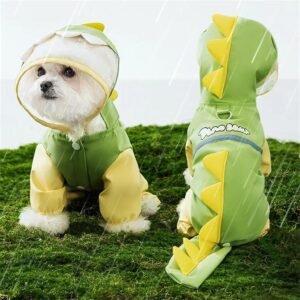 Waterproof Dog Raincoat, Dinosaur Design, Full Body Protection with Elastic Trousers, for Small Dogs (Green, X-Large)