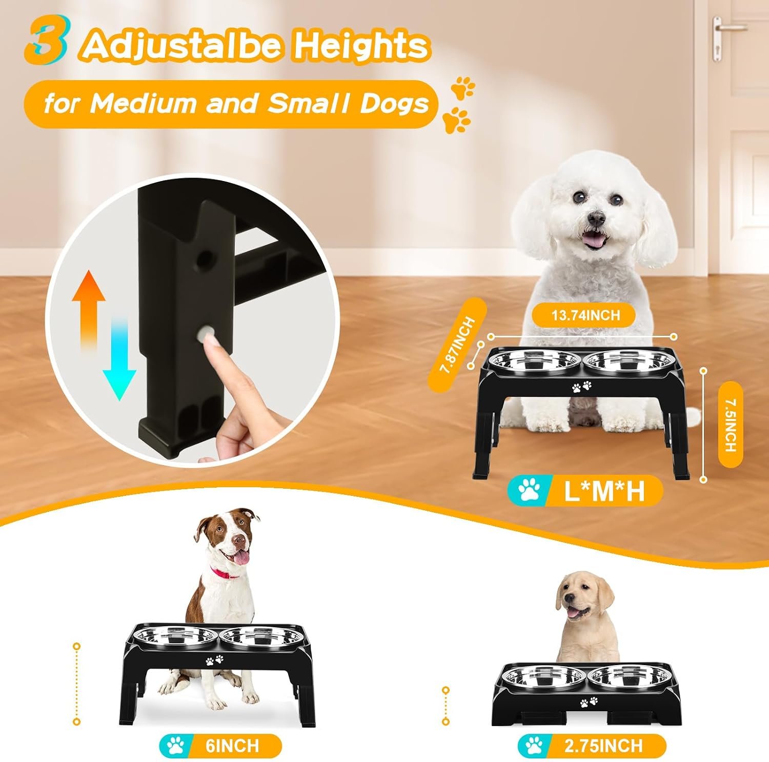 Elevated Dog Bowls for Small Medium Dogs, 3 Height Adjustable Raised Stand with 2 Thick 6" Stainless Steel Food Bowls, Non-Slip Feeder Adjusts to 2.75", 6", 7.5", Black - Image 2
