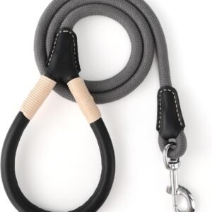 Dog Leash | Strong Rope Dog Leash w Premium Leather Tailor Handle | 4 Feet Dog Leash w Heavy Duty Clasp | Grey Rope Leash for Small Medium Large Dogs | Diameter 1/2"