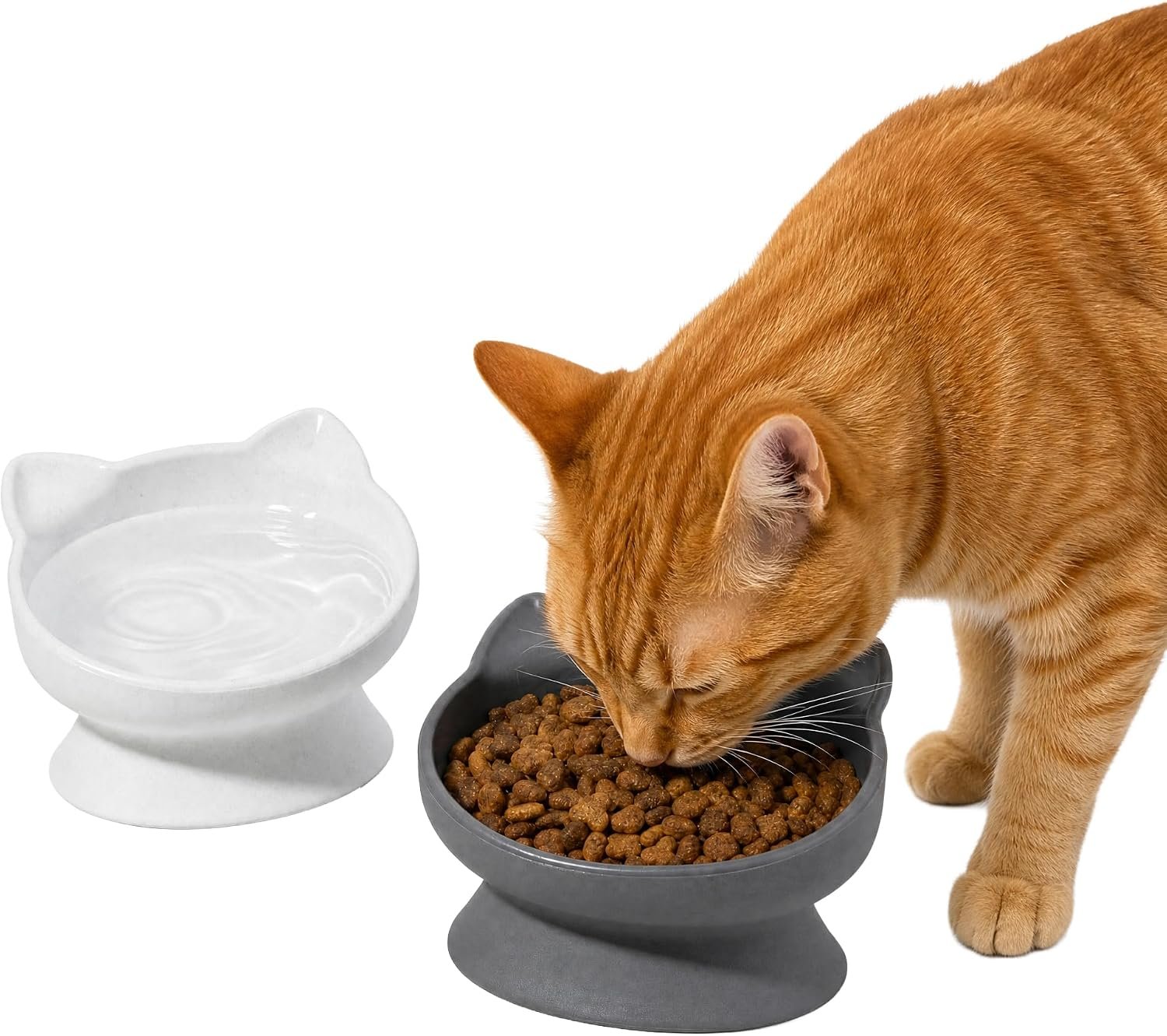Elevated Cat Bowls (Set of 2), Whisker-Friendly Raised Cat Food & Water Dishes, Modern Pedestal Design, Dishwasher Safe, 6.5 oz Each – White & Gray - Image 2