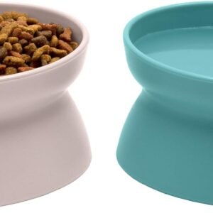 Elevated Cat Bowls (Set of 2), Whisker-Friendly Raised Cat Food & Water Dishes, Modern Pedestal Design, Dishwasher Safe, 6.5 oz Each – Teal & Light Pink