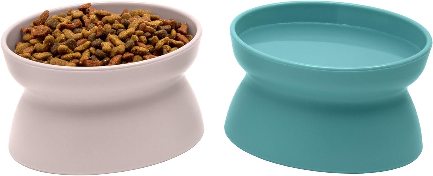 Elevated Cat Bowls (Set of 2), Whisker-Friendly Raised Cat Food & Water Dishes, Modern Pedestal Design, Dishwasher Safe, 6.5 oz Each – Teal & Light Pink