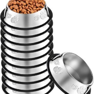 10 Pcs Stainless Steel Dog Bowl Pet Feeding Bowl with Rubber Base Non-Slip Pet Dishes Metal Dog Bowls Pet Food and Water Bowls for Small Medium Animals Kitten Rabbit (7 oz)