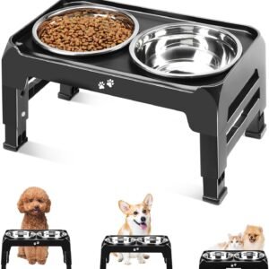Elevated Dog Bowls for Small Medium Dogs, 3 Height Adjustable Raised Stand with 2 Thick 6" Stainless Steel Food Bowls, Non-Slip Feeder Adjusts to 2.75", 6", 7.5", Black