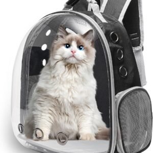 Large Cat Backpack Carrier for Travel and Hiking Transparent Pet Bubble Backpack for Cats up to 20lbs with Ventilation and Padded Straps Mochila para Gatos transportadora mascotas (Black)